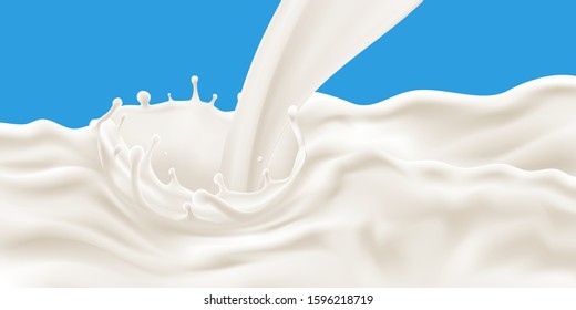 Splashing and flowing milk wave on blue background vector illustration for poster, brochure, label and product ad desing