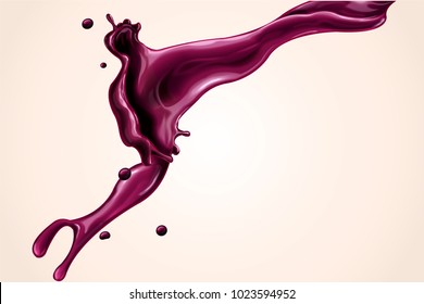 Splashing juice element, blueberry or beetroot juice in 3d illustration for design uses