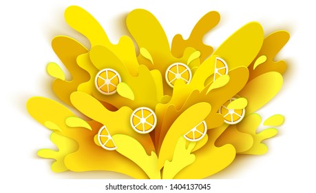 Splashing lemon fruit juice cut paper style. stock vector illustration.