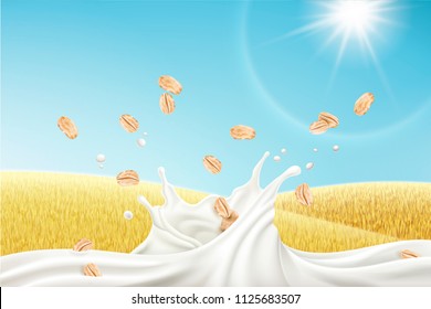 Splashing mellow milk with cereals in front of golden field in 3d illustration, natural background