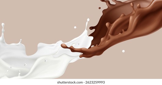 Splashing milk and chocolate liquid waves and droplets. Realistic 3d illustration of food and drink - sweet delicious creamy syrup dripping and flowing smooth. Cocoa tasty dessert graphic design.