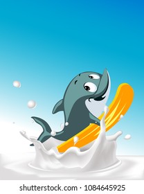 Splashing milk with fit surfing dolphin character flat design vector illustration