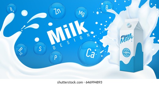 Splashing Milk with full milk carton and vitamin and mineral bubbles design vector illustration