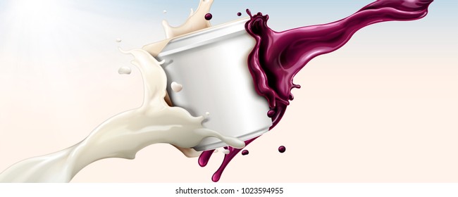 Splashing milk and juice, delicious liquid with blank food container in 3d illustration for design uses