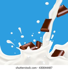Splashing milk on blue background with falling chopped chocolate