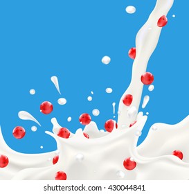 Splashing milk on blue background with falling redcurrant