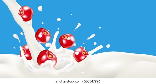 Splashing milk on blue background with falling cherry