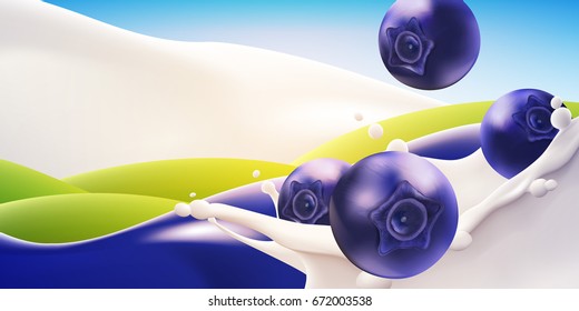 Splashing milk realistic vector illustration with falling blueberry.
