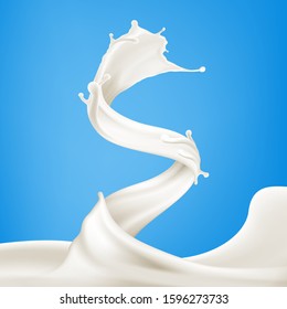 Splashing milk swirl wave on blue background vector illustration for poster, brochure, label and product ad desing