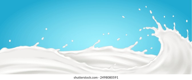 Splashing milk wave with small drops realistic vector illustration. Healthy dairy product liquid texture 3d object on blue background