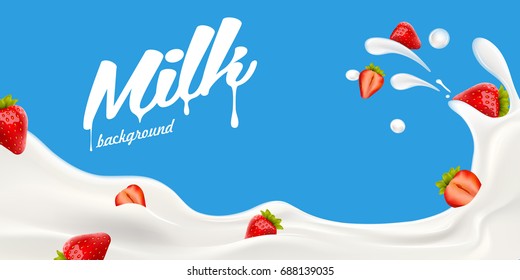 Splashing milk wave with strawberry berries vector illustration for yogurt or milk product label and packaging design or advertising needs