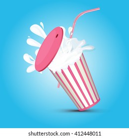 Splashing milkshake in pink striped paper cup with pipe and cover. Tasty sweet and cold milk cocktail made of ice cream. Thick shake or frappe vector illustration