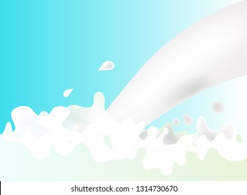 Splashing oat milk isolated on blue background. Abstract realistic milk drop with splashes. Liquid wave realistic vector illustration for product design or advertising needs