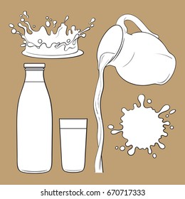 Splashing and pouring liquid, jug, glass, sketch vector illustration isolated on brown background. Hand drawn glass, bottle with liquid and pouring from jug