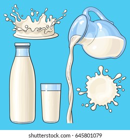 Splashing and pouring milk, bottle, jug, glass, sketch vector illustration isolated on white background. Hand drawn, realistic set of milk pouring from jug, glass and bottle with milk and splashes