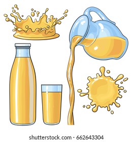 Splashing and pouring orange juice in bottle, glass, jug, sketch vector illustration isolated on white background. Hand drawn glass, bottle with orange juice and juice pouring from jug