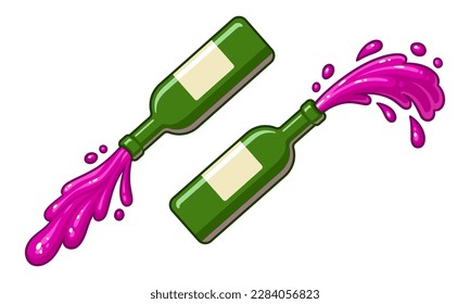 Splashing and pouring red wine from bottle. Cartoon vector clip art illustration.