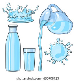 Splashing and pouring water, bottle, jug, glass, sketch vector illustration isolated on white background. Hand drawn, realistic set of water pouring from jug, glass, bottle, water splashes