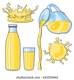 Splashing and pouring yellow lemon juice in bottle, glass, jug, sketch vector illustration isolated on white background. Hand drawn glass, bottle with yellow lemon juice and juice pouring from jug