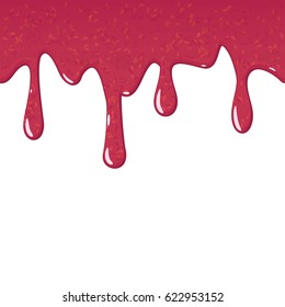 Splashing red sugar syrup. Flowing dripping sweet raspberry jam seamless endless horizontal background. Vector illustration.