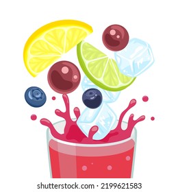 Splashing sangria in glass. Summer drinks ingredients set. Vector alcoholic cocktail with red wine, ice, citrus, fruits and berries. Traditional Spanish refreshing summer drink. Isolated icon for menu