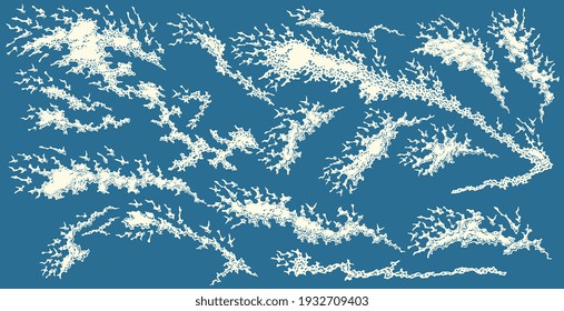 Splashing sea foam. Design set. Art detailed editable illustration. Vector vintage engraving. Isolated on color background. 8 EPS
