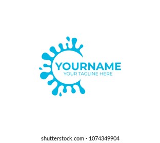 Splashing and splash water, juice, milk, logo template. Round healthy organic and natural products symbol, vector design. Paint blot, drink, food, beverage and liquid, illustration