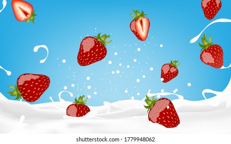 Splashing strawberry milk vector illustration