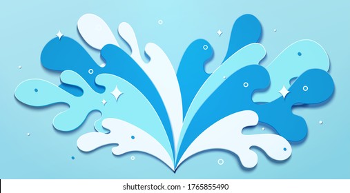 Splashing water in paper cut design, isolated on blue background, concept of waves, fountain and explosion