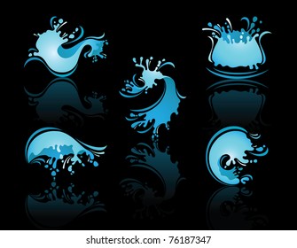 Splashing Waves and Water with reflection on black background vector