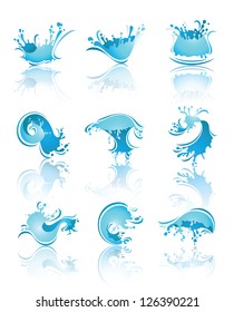 Splashing Waves and Water with reflection, vector illustration