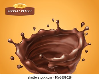 Splashing whirl chocolate cream or sauce isolated on orange background. Vector special flow effect. Liquid wave with droplets. Packaging design element for product advertising. 3d illustration.