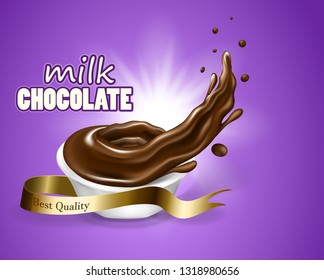 Splashing and whirl chocolate liquid for design uses purple background in 3d illustration milk chocolate brendind design stock illustration