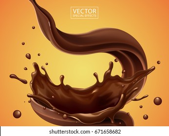 Splashing and whirl chocolate liquid for design uses isolated on warm background in 3d illustration