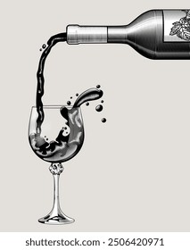 Splashing wine in a glass pouring from a bottle. Black and white vintage engraving stylized drawing. Vector illustration