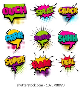 splat burp shh super set hand drawn pictures effects template comics speech bubble halftone dot background pop art style. Comic dialog cloud, text pop-art. Idea conversation sketch explosion.
