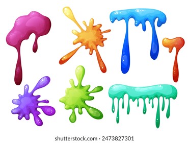 Splat slime mucus collection. Sticky liquid goo spots and blobs. Colorful jelly cartoon snot and smudges. Vector illustration isolated on white background.