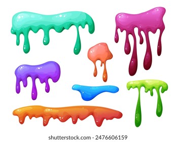 Splat slime mucus. Sticky liquid goo spots and blobs. Colorful jelly cartoon snot and smudges. Vector illustration isolated on white background.