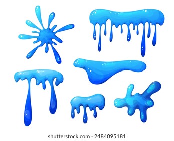 Splat slime mucus. Sticky liquid goo spots and blobs. Colorful jelly cartoon snot and smudges. Vector illustration isolated on white background