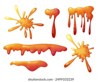 Splat slime mucus. Sticky liquid goo spots and blobs. Colorful jelly cartoon snot and smudges. Vector illustration isolated on white background.