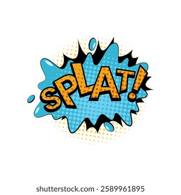 Splat sound effect for comic books and scenes. Vector isolated puddle of water or liquid drops dripping and hitting surface, noise for dynamic cartoons and atmosphere. Pop art vintage style