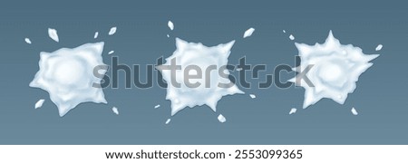 Splatted snowballs with drops realistic vector icons set. Snowflake balls for active winter fights 3d objects bundle on grey background
