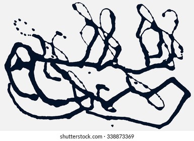 Splatter Black Ink Background. Hand Drawn Spray Blots and Splashes Paint Vector Illustration. Grunge ink stains template for design of logotypes, banners and posters.