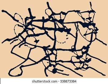 Splatter Black Ink Background. Hand Drawn Spray Blots and Splashes Paint Vector Illustration. Grunge ink stains template for design of logotypes, banners and posters.