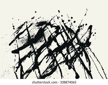 Splatter Black Ink Construction Background. Hand Drawn Spray Blots and Splashes Paint Vector Illustration. Grunge ink stains template for design of logotypes, banners and posters.