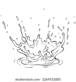 Splatter crown of water or paint. Splashes of fluid. Vector illustration in hand drawn sketch doodle style. Line art liquid with drops isolated on white. Splash water motion. Abstract shapes