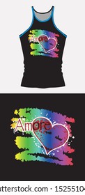 Splatter effects amore word and heart Design with rainbow colors brush pattern on black background illustration vector T shirt print