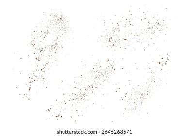 Splatter flying cocoa powder stardust particles, grunge texture isolated background design set