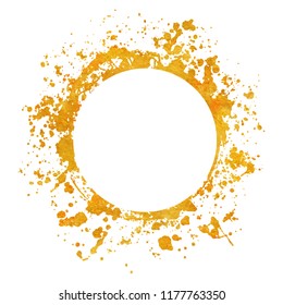 Splatter gold round frame backgrounds paints set with golden splash on white. Grunge blots and drops. High quality manually traced vector illustration