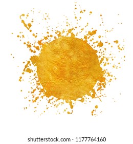 Splatter gold round frame backgrounds paints set with golden splash on white. Grunge blots and drops. High quality manually traced vector illustration